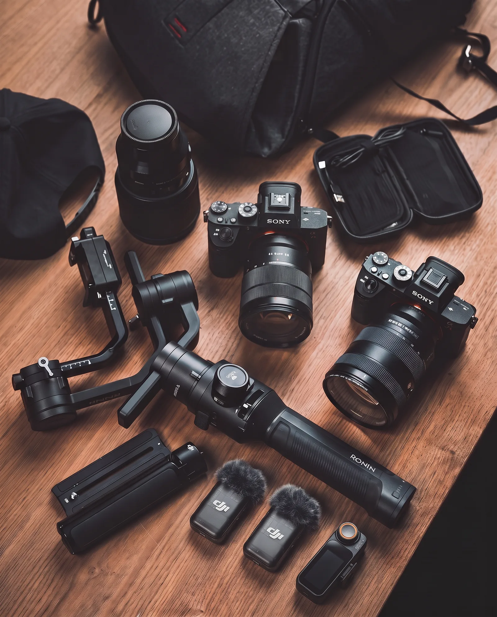 Two Sony cameras, lenses, a handheld gimbal and wireless microphones arranged on a wooden table.